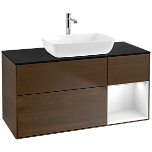 Villeroy und Boch Finion Waschtischunterschrank F832GFGN 120cm, Abdeckplatte black matt, Regale Glossy white lacquer, Walnut veneer