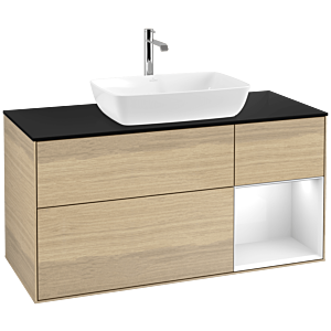 Villeroy und Boch Finion Waschtischunterschrank F832GFPC 120cm, Abdeckplatte black matt, Regale Glossy white lacquer, Oak Veneer
