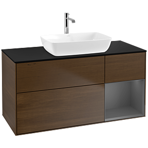 Villeroy und Boch Finion Waschtischunterschrank F832GKGN 120cm, Abdeckplatte black matt, Regale Anthracite matt lacquer, Walnut veneer