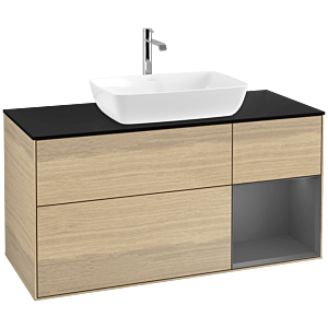 Villeroy und Boch Finion Waschtischunterschrank F832GKPC 120cm, Abdeckplatte black matt, Regale Anthracite matt lacquer, Oak Veneer
