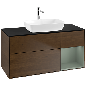 Villeroy und Boch Finion Waschtischunterschrank F832GMGN 120cm, Abdeckplatte black matt, Regale Olive matt lacquer, Walnut veneer