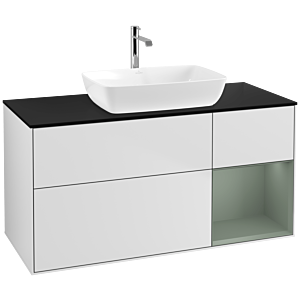 Villeroy und Boch Finion Waschtischunterschrank F832GMMT 120cm, Abdeckplatte black matt, Regale Olive matt lacquer, White matt lacquer