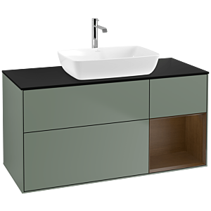 Villeroy und Boch Finion Waschtischunterschrank F832GNGM 120cm, Abdeckplatte black matt, Regale Walnut Veneer, Olive Matt Lacquer