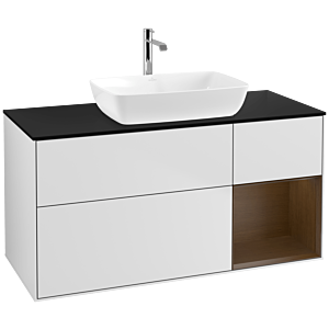 Villeroy und Boch Finion Waschtischunterschrank F832GNMT 120cm, Abdeckplatte black matt, Regale Walnut Veneer, White matt lacquer