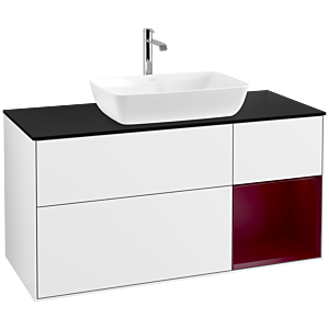 Villeroy und Boch Finion Waschtischunterschrank F832HBGF 120cm, Abdeckplatte black matt, Regale Peony matt lacquer, Glossy white lacquer