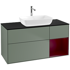 Villeroy und Boch Finion Waschtischunterschrank F832HBGM 120cm, Abdeckplatte black matt, Regale Peony matt lacquer, Olive Matt Lacquer