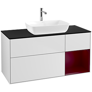 Villeroy und Boch Finion Waschtischunterschrank F832HBMT 120cm, Abdeckplatte black matt, Regale Peony matt lacquer, White matt lacquer