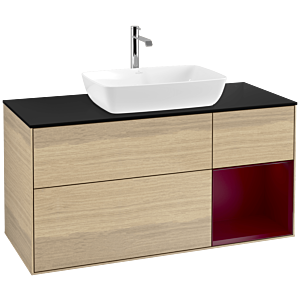 Villeroy und Boch Finion Waschtischunterschrank F832HBPC 120cm, Abdeckplatte black matt, Regale Peony matt lacquer, Oak Veneer