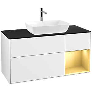 Villeroy und Boch Finion Waschtischunterschrank F832HFGF 120cm, Abdeckplatte black matt, Regale Gold matt lacquer, Glossy white lacquer