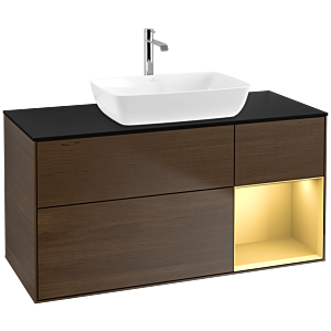 Villeroy und Boch Finion Waschtischunterschrank F832HFGN 120cm, Abdeckplatte black matt, Regale Gold matt lacquer, Walnut veneer