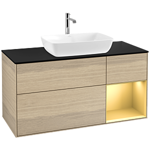 Villeroy und Boch Finion Waschtischunterschrank F832HFPC 120cm, Abdeckplatte black matt, Regale Gold matt lacquer, Oak Veneer