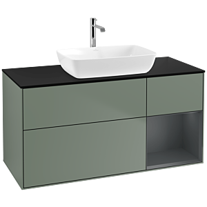 Villeroy und Boch Finion Waschtischunterschrank F832HGGM 120cm, Abdeckplatte black matt, Regale Midnight matt lacquer, Olive Matt Lacquer