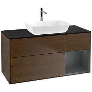 Villeroy und Boch Finion Waschtischunterschrank F832HGGN 120cm, Abdeckplatte black matt, Regale Midnight matt lacquer, Walnut veneer