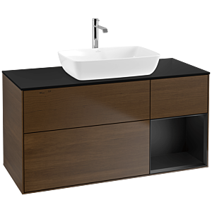 Villeroy und Boch Finion Waschtischunterschrank F832PDGN 120cm, Abdeckplatte black matt, Regale Black matt lacquer, Walnut veneer