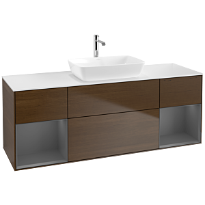 Villeroy und Boch Finion Waschtischunterschrank F861GKGN 160cm, Abdeckplatte white matt, Regale Anthracite matt lacquer, Walnut veneer