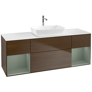 Villeroy und Boch Finion Waschtischunterschrank F861GMGN 160cm, Abdeckplatte white matt, Regale Olive matt lacquer, Walnut veneer