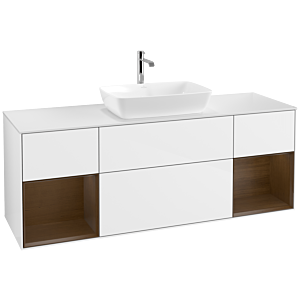 Villeroy und Boch Finion Waschtischunterschrank F861GNGF 160cm, Abdeckplatte white matt, Regale Walnut Veneer, Glossy white lacquer