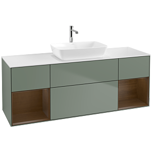 Villeroy und Boch Finion Waschtischunterschrank F861GNGM 160cm, Abdeckplatte white matt, Regale Walnut Veneer, Olive Matt Lacquer