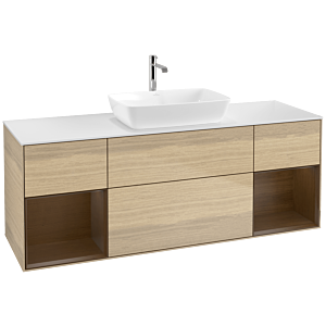 Villeroy und Boch Finion Waschtischunterschrank F861GNPC 160cm, Abdeckplatte white matt, Regale Walnut Veneer, Oak Veneer