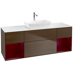 Villeroy und Boch Finion Waschtischunterschrank F861HBGN 160cm, Abdeckplatte white matt, Regale Peony matt lacquer, Walnut veneer