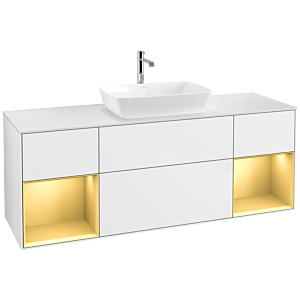 Villeroy und Boch Finion Waschtischunterschrank F861HFGF 160cm, Abdeckplatte white matt, Regale Gold matt lacquer, Glossy white lacquer