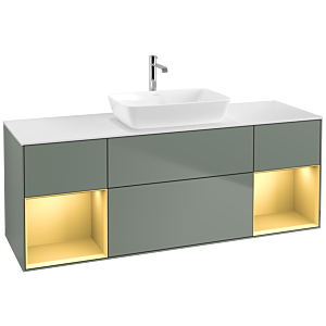 Villeroy und Boch Finion Waschtischunterschrank F861HFGM 160cm, Abdeckplatte white matt, Regale Gold matt lacquer, Olive Matt Lacquer