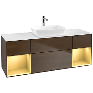 Villeroy und Boch Finion Waschtischunterschrank F861HFGN 160cm, Abdeckplatte white matt, Regale Gold matt lacquer, Walnut veneer