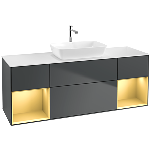 Villeroy und Boch Finion Waschtischunterschrank F861HFHG 160cm, Abdeckplatte white matt, Regale Gold matt lacquer, Midnight Blue Matt Lacquer