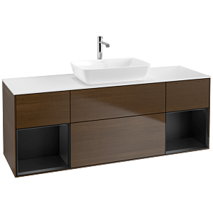 Villeroy und Boch Finion Waschtischunterschrank F861PDGN 160cm, Abdeckplatte white matt, Regale Black matt lacquer, Walnut veneer