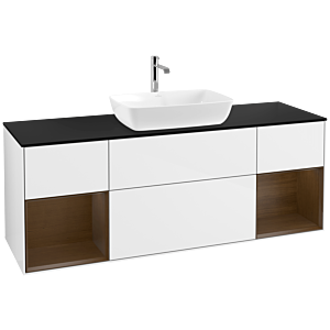 Villeroy und Boch Finion Waschtischunterschrank F862GNGF 160cm, Abdeckplatte black matt, Regale Walnut Veneer, Glossy white lacquer
