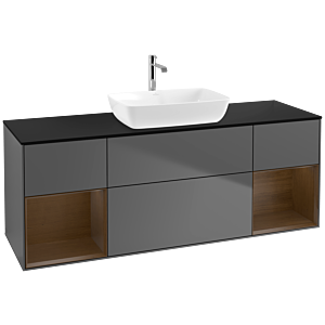 Villeroy und Boch Finion Waschtischunterschrank F862GNGK 160cm, Abdeckplatte black matt, Regale Walnut Veneer, Anthracite matt