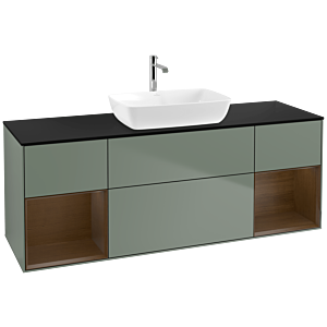 Villeroy und Boch Finion Waschtischunterschrank F862GNGM 160cm, Abdeckplatte black matt, Regale Walnut Veneer, Olive Matt Lacquer