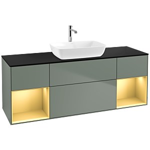 Villeroy und Boch Finion Waschtischunterschrank F862HFGM 160cm, Abdeckplatte black matt, Regale Gold matt lacquer, Olive Matt Lacquer