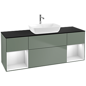 Villeroy et Boch Finion Villeroy et Boch F862MTGM 160cm, plaque de recouvrement noir mat, étagères laqué blanc mat, Olive Matt Lacquer