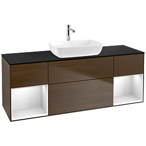 Villeroy und Boch Finion Waschtischunterschrank F862MTGN 160cm, Abdeckplatte black matt, Regale White matt lacquer, Walnut veneer