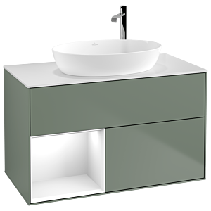 Villeroy und Boch Finion Waschtischunterschrank F891GFGM 100cm, Abdeckplatte white matt, Regale Glossy white lacquer, Olive Matt Lacquer