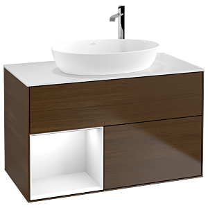 Villeroy et Boch Finion Villeroy et Boch F891GFGN 100cm, plaque de recouvrement blanc mat, étagères laqué blanc brillant, placage noyer