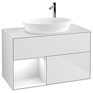 Villeroy et Boch Finion Villeroy et Boch F891GFMT 100cm, plaque de recouvrement blanc mat, étagères laqué blanc brillant, laqué blanc mat