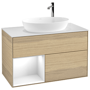 Villeroy et Boch Finion Villeroy et Boch F891GFPC 100cm, plaque de recouvrement blanc mat, étagères Laque blanche brillante, Oak Veneer