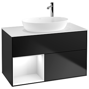 Villeroy und Boch Finion Waschtischunterschrank F891GFPD 100cm, Abdeckplatte white matt, Regale Glossy white lacquer, Black matt lacquer