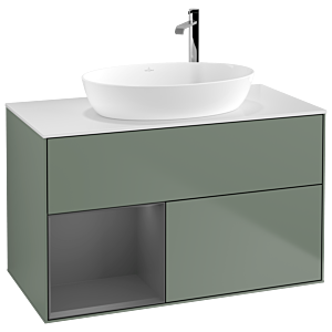 Villeroy et Boch Finion Villeroy et Boch F891GKGM 100cm, plaque de finition blanc mat, étagères laqué anthracite mat, Olive Matt Lacquer