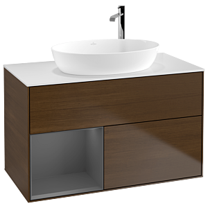 Villeroy et Boch Finion Villeroy et Boch F891GKGN 100cm, plaque de finition blanc mat, étagères laqué anthracite mat, placage noyer