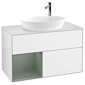 Villeroy und Boch Finion Waschtischunterschrank F891GMGF 100cm, Abdeckplatte white matt, Regale Olive matt lacquer, Glossy white lacquer