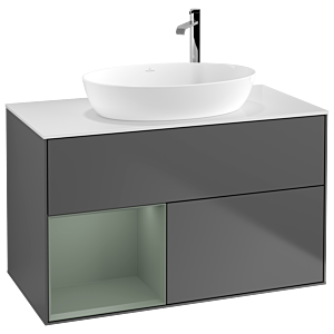 Villeroy et Boch Finion Villeroy et Boch F891GMGK 100cm, plaque de recouvrement blanc mat, étagères laqué olive mat, anthracite mat