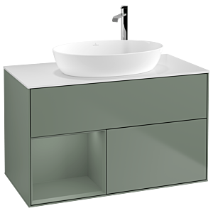 Villeroy et Boch Finion Villeroy et Boch F891GMGM 100cm, plaque de recouvrement blanc mat, étagères laqué olive mat, Olive Matt Lacquer