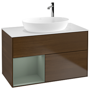 Villeroy et Boch Finion Villeroy et Boch F891GMGN 100cm, plateau blanc mat, étagères laqué mat, placage noyer