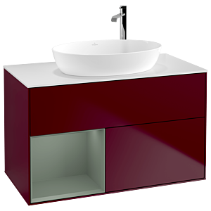 Villeroy und Boch Finion Waschtischunterschrank F891GMHB 100cm, Abdeckplatte white matt, Regale Olive matt lacquer, Peony Matt