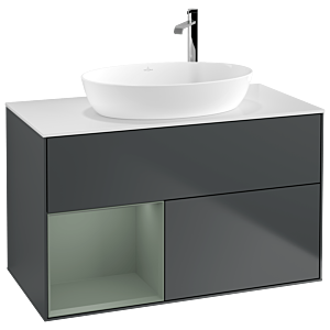 Villeroy und Boch Finion Waschtischunterschrank F891GMHG 100cm, Abdeckplatte white matt, Regale Olive matt lacquer, Midnight Blue Matt Lacquer