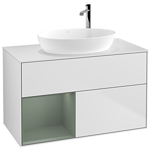 Villeroy et Boch Finion Villeroy et Boch F891GMMT 100cm, plaque de recouvrement blanc mat, étagères laqué olive mat, laqué blanc mat