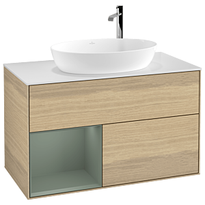 Villeroy et Boch Finion Villeroy et Boch F891GMPC 100cm, plaque de recouvrement blanc mat, étagères laqué olive mat, Oak Veneer
